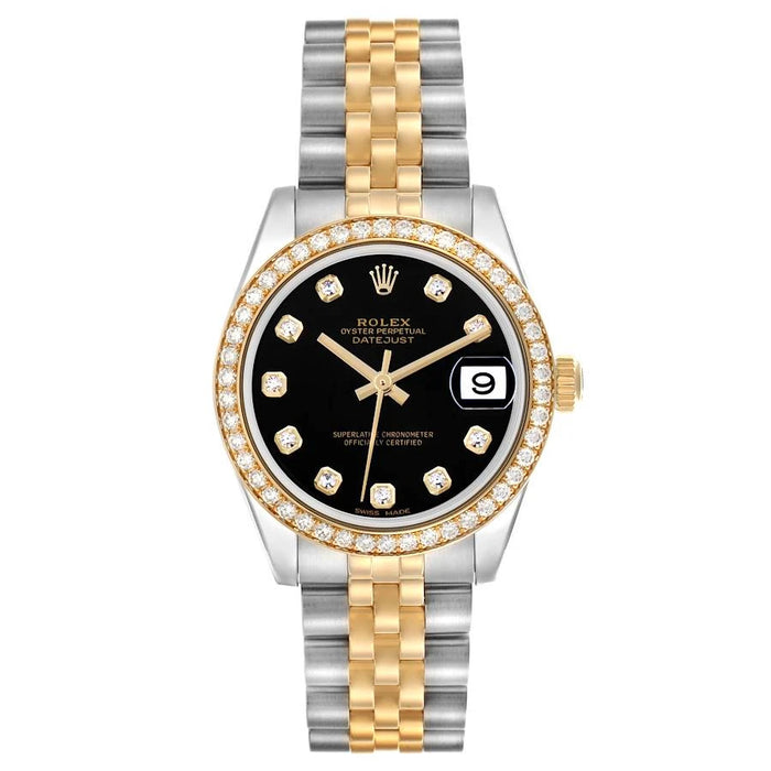 Rolx Lady-Datejust Two-Tone Diamond Bezel Black Dial Watch