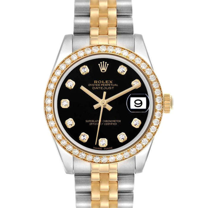 Rolx Lady-Datejust Two-Tone Diamond Bezel Black Dial Watch