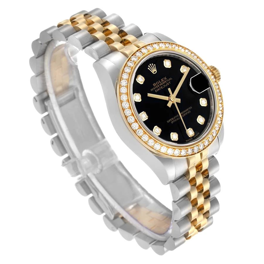 Rolx Lady-Datejust Two-Tone Diamond Bezel Black Dial Watch