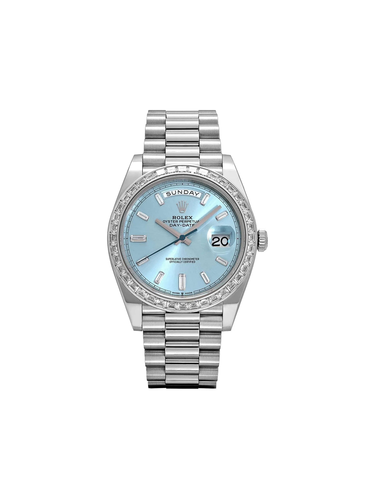 Rolx Day-Date 40 – Ice Blue Dial, Fluted Bezel, President Bracelet