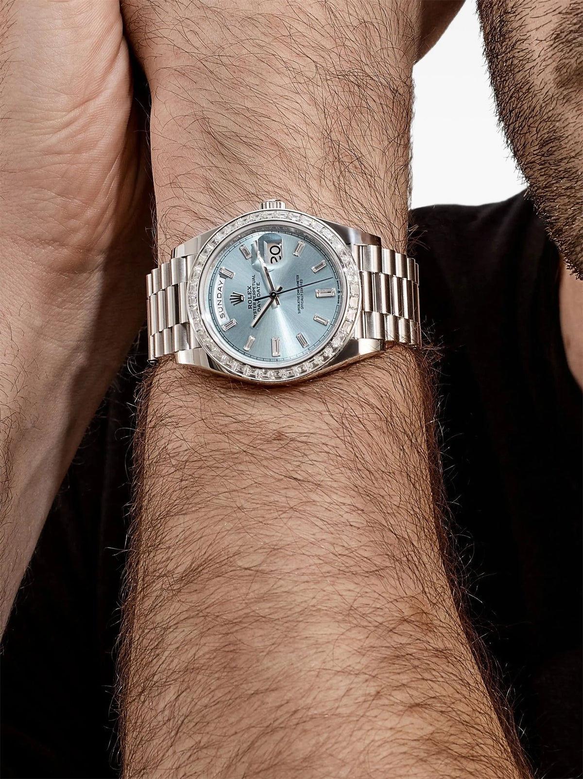 Rolx Day-Date 40 – Ice Blue Dial, Fluted Bezel, President Bracelet