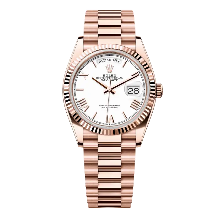 Rolx Day-Date Everose Gold, White Dial, Roman Numerals, Fluted Bezel, President Bracelet