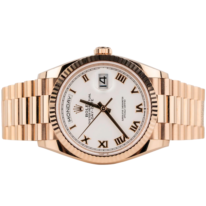 Rolx Day-Date Everose Gold, White Dial, Roman Numerals, Fluted Bezel, President Bracelet
