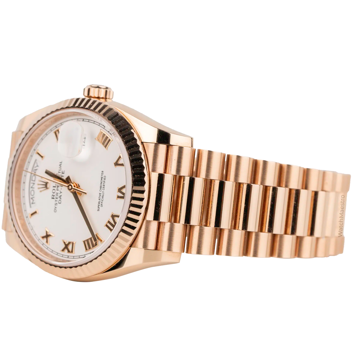 Rolx Day-Date Everose Gold, White Dial, Roman Numerals, Fluted Bezel, President Bracelet