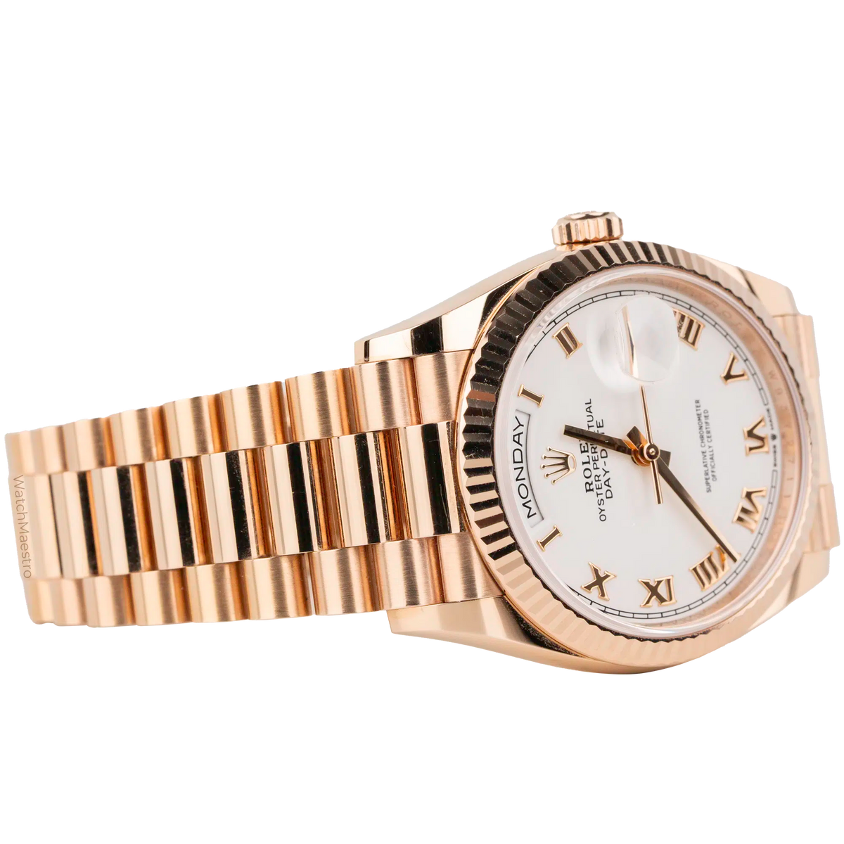 Rolx Day-Date Everose Gold, White Dial, Roman Numerals, Fluted Bezel, President Bracelet