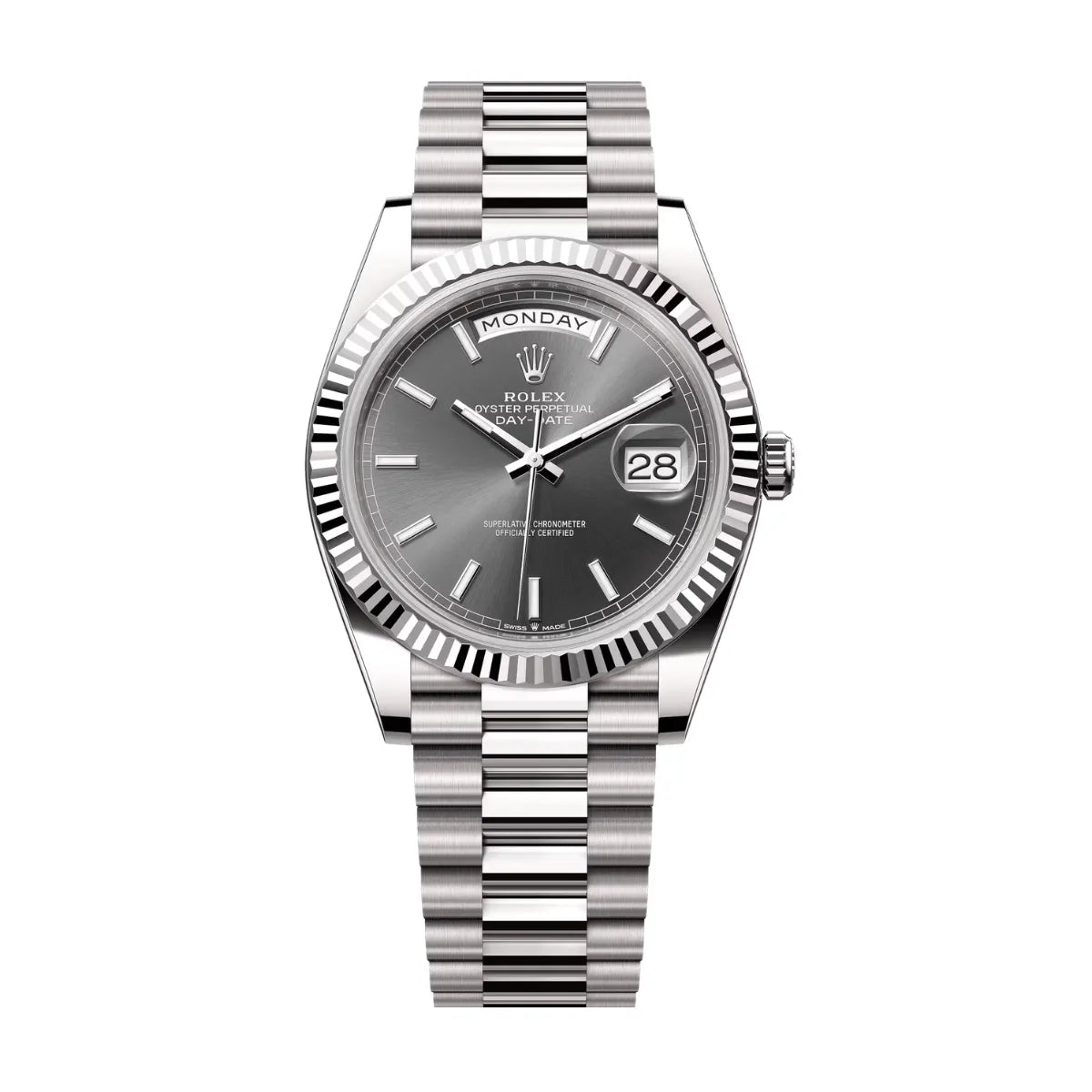 Rolx Day-Date 40 – 18 ct White Gold, Slate Dial, Fluted Bezel, President Bracelet