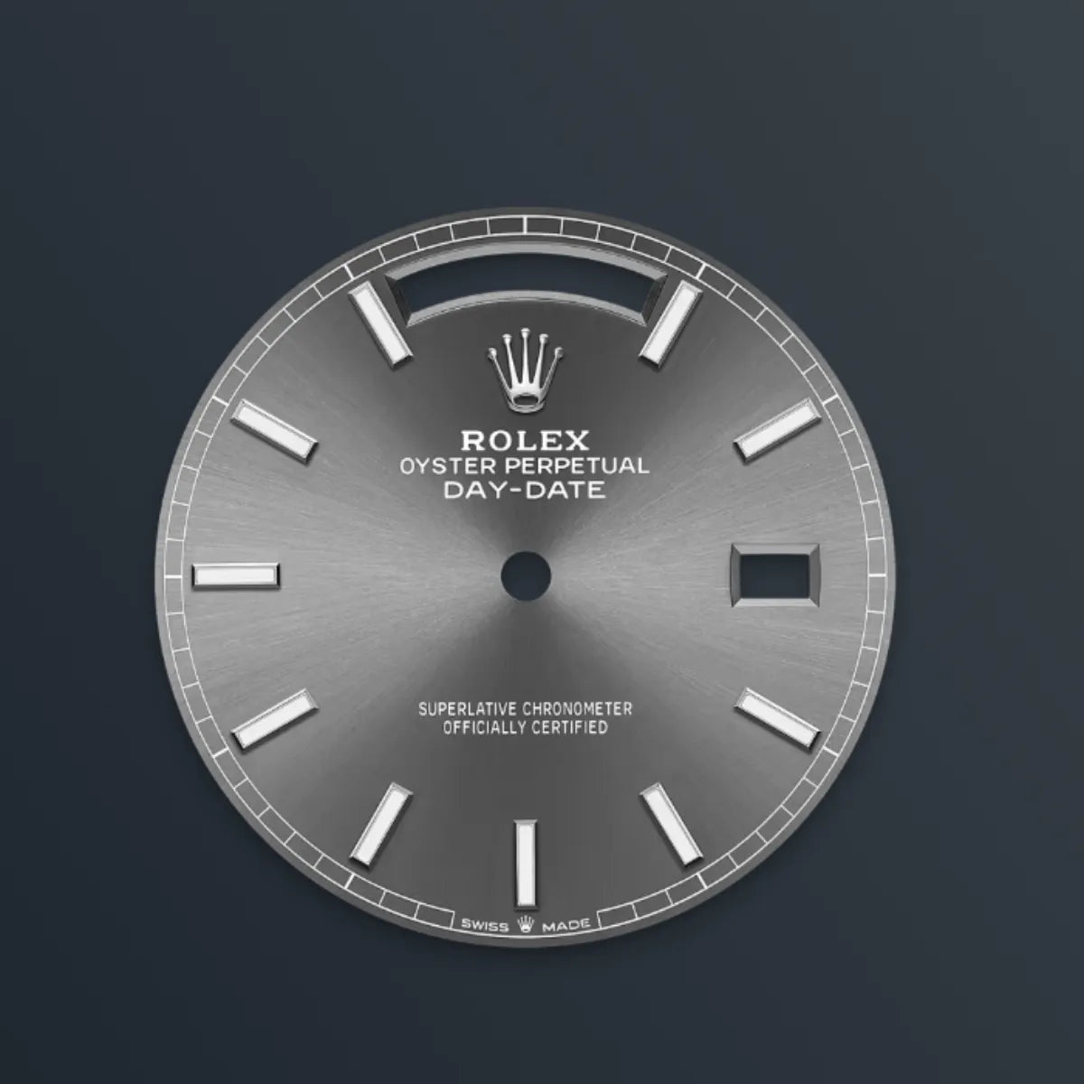 Rolx Day-Date 40 – 18 ct White Gold, Slate Dial, Fluted Bezel, President Bracelet