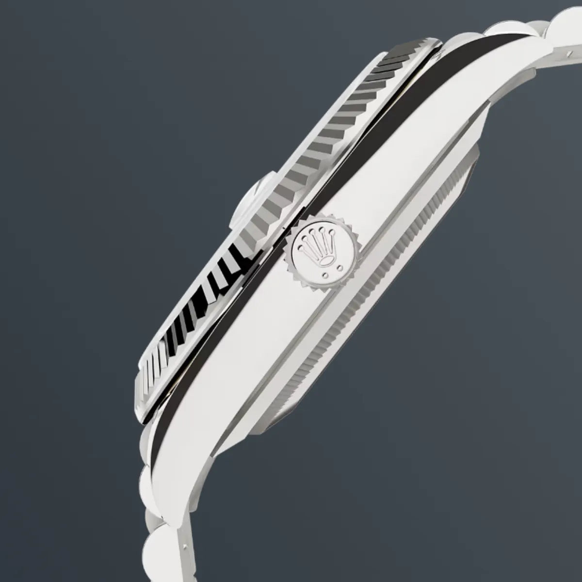 Rolx Day-Date 40 – 18 ct White Gold, Slate Dial, Fluted Bezel, President Bracelet
