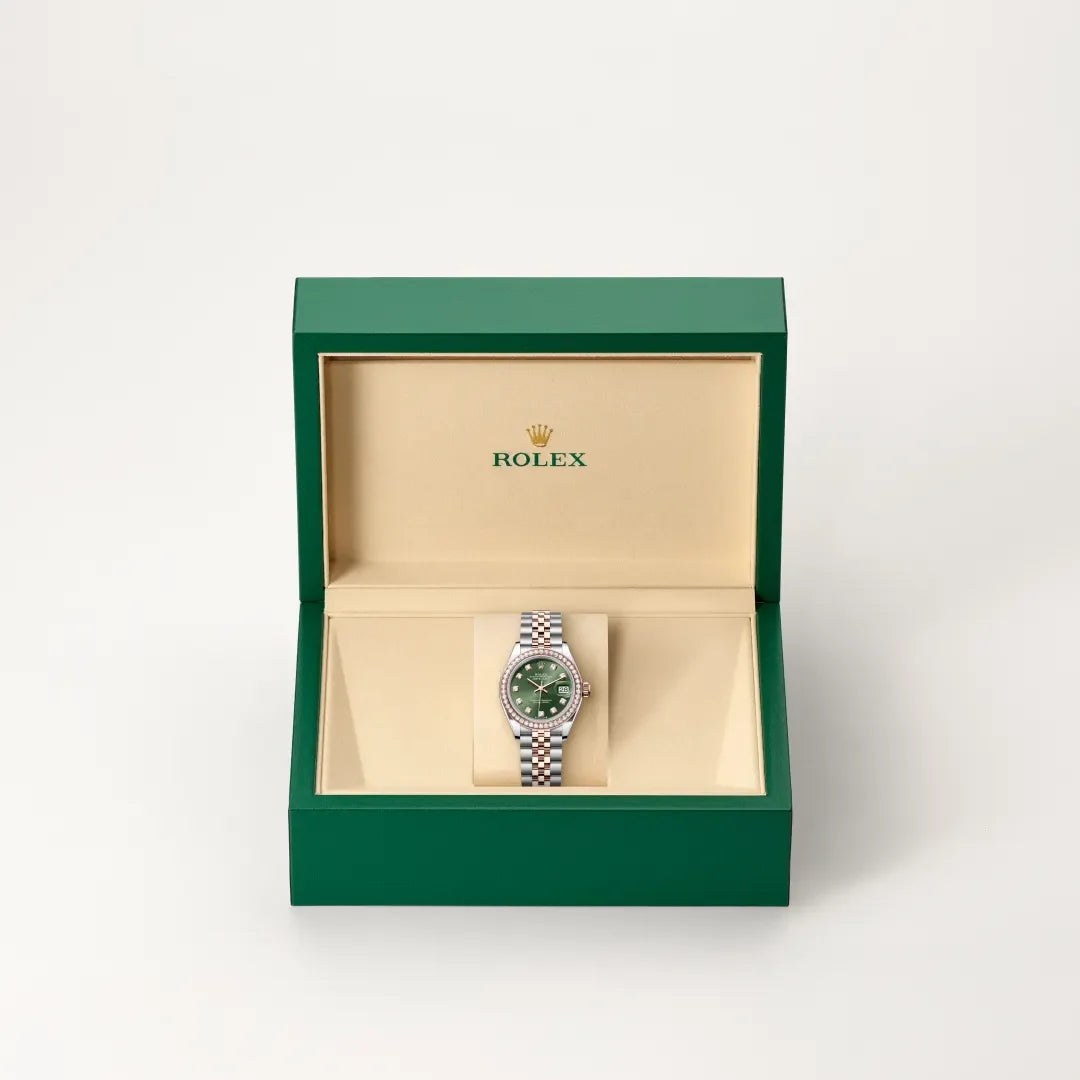 Rolx Lady-Datejust Two-Tone Rose Gold Diamond Bezel Olive Green Dial Watch