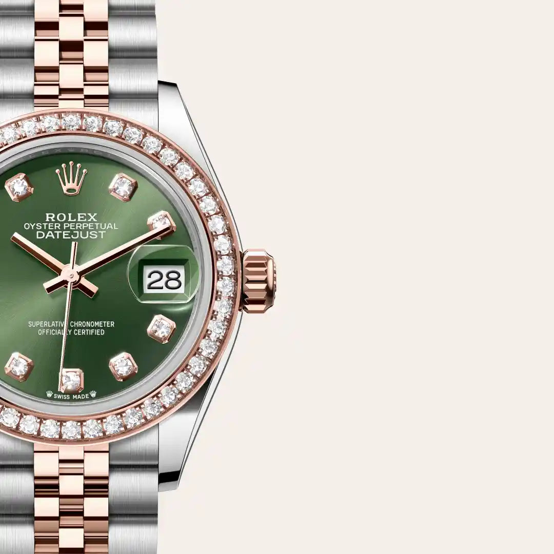 Rolx Lady-Datejust Two-Tone Rose Gold Diamond Bezel Olive Green Dial Watch